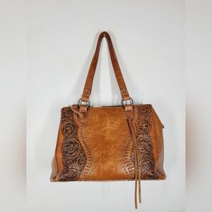 Trinity Ranch Elegant Brown Leather Studded Tooled Leather Handbag